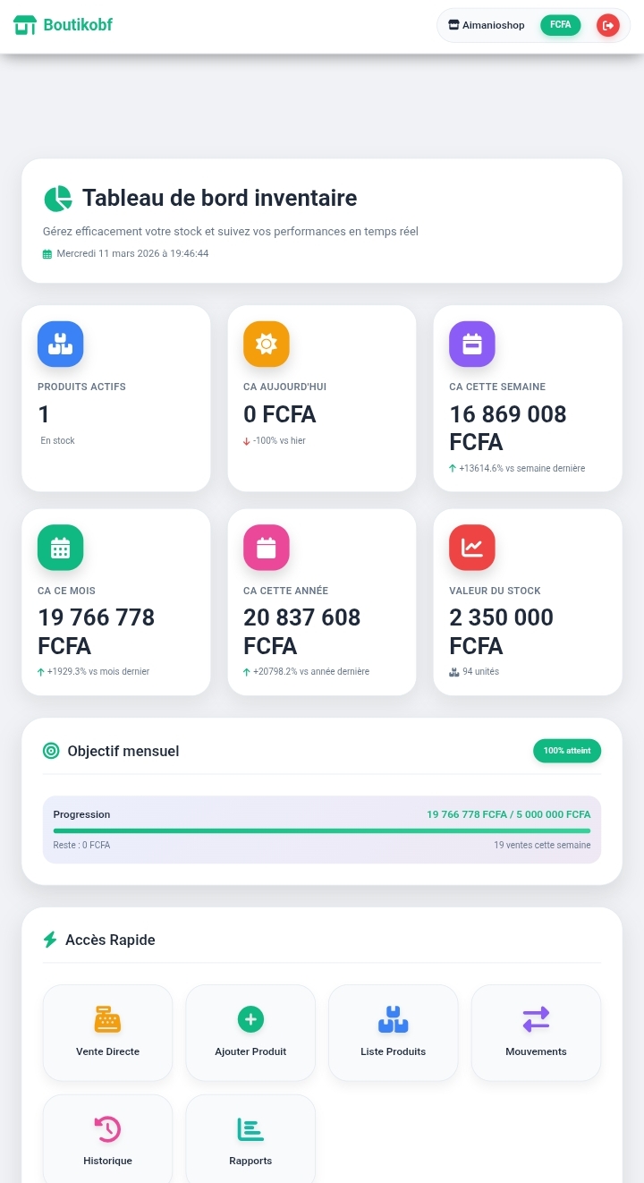 Aperçu du tableau de bord Boutikobf